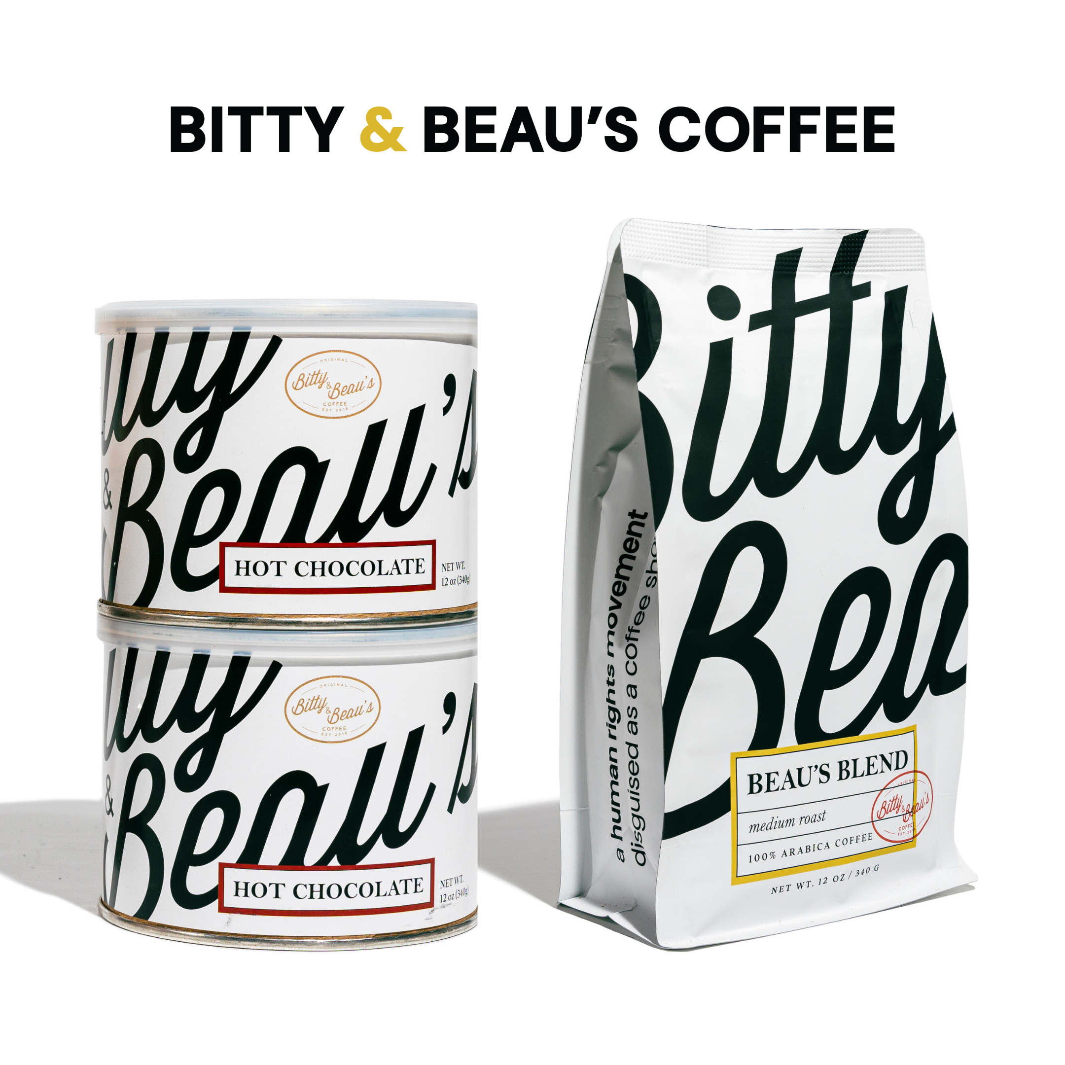 Bitty & Beau’s Coffee fundraising products – Beau’s Blend medium roast coffee bag and hot chocolate tins for fundraising campaigns